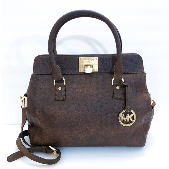 Michael Kors Astrid Mocha Ostrich Embossed Leather Large Satchel Bag - Picture 1 of 12